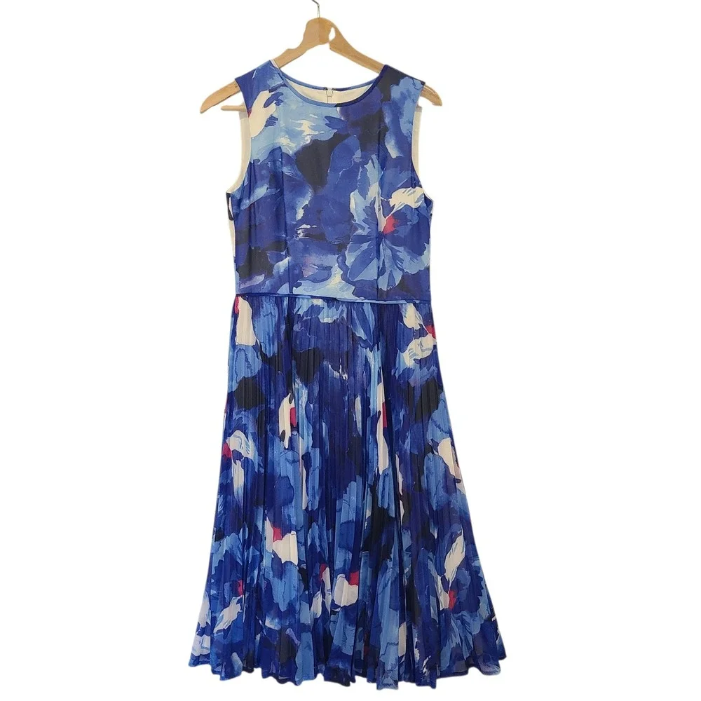 Maggy London Blue Floral Watercolor Pleated Midi Dress Womens Size 8 Sleeveless - Picture 1 of 7
